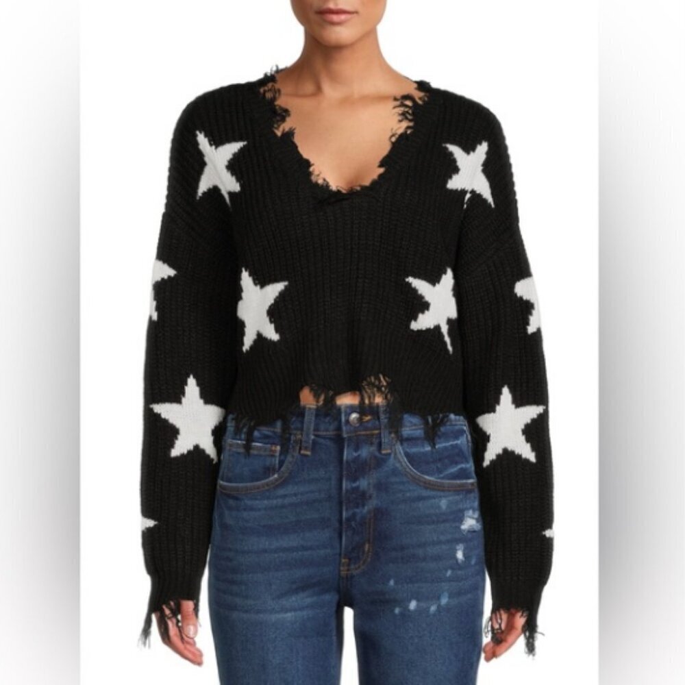 Polly & Esther Women's Frayed Distressed Cropped Black/White Stars Size Medium - Picture 2 of 10
